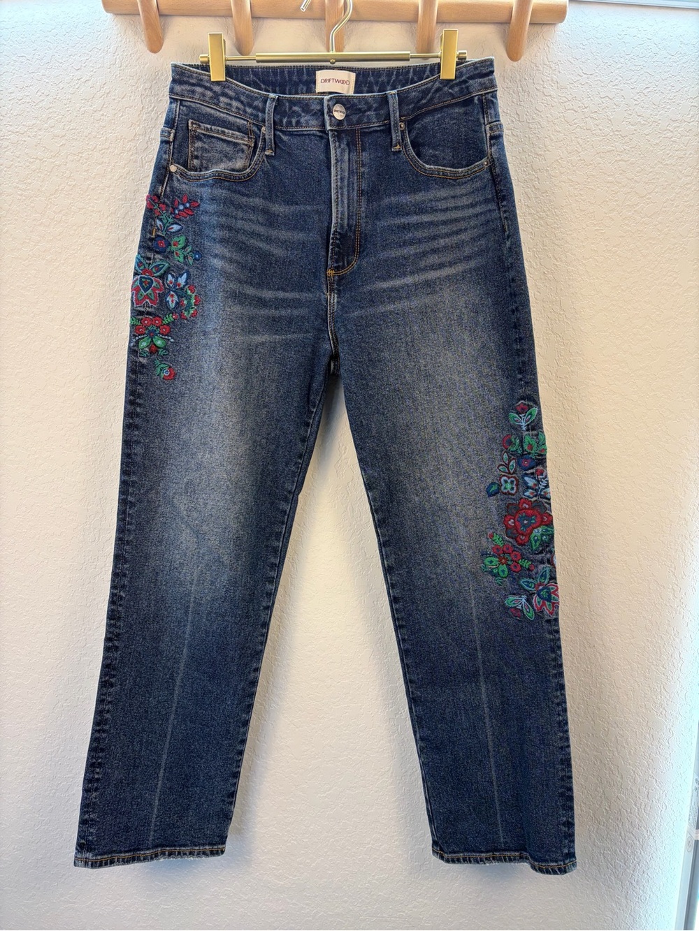 DRIFTWOOD Stella Straight-Leg Jeans Red & Green Floral Embroidery 29